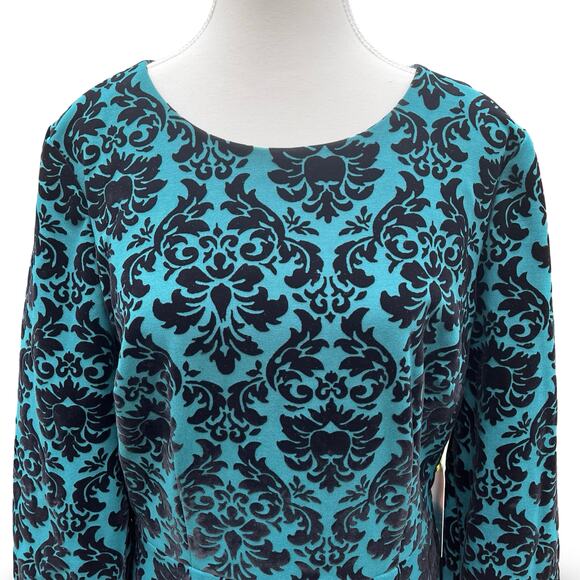 CeCe by CYNTHIA STEFFE Women 12 Green Teal Black Velvet Damask Knee Sheath Dress - Picture 2 of 6